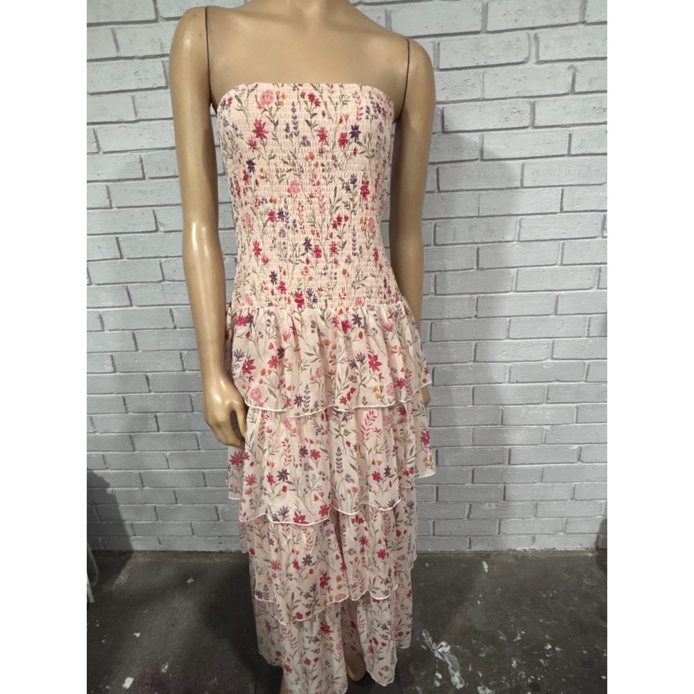 Avec Les Filles Strapless Smocked Tiered Floral Maxi Dress Pink NWT 14